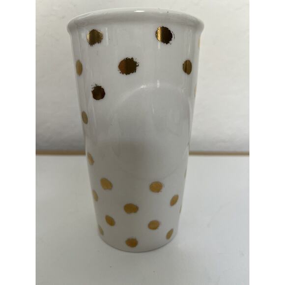 Starbucks Ceramic 2014 Gold Polka Dot Collection Travel Mug Tumbler w Lid 10 oz - Picture 8 of 12